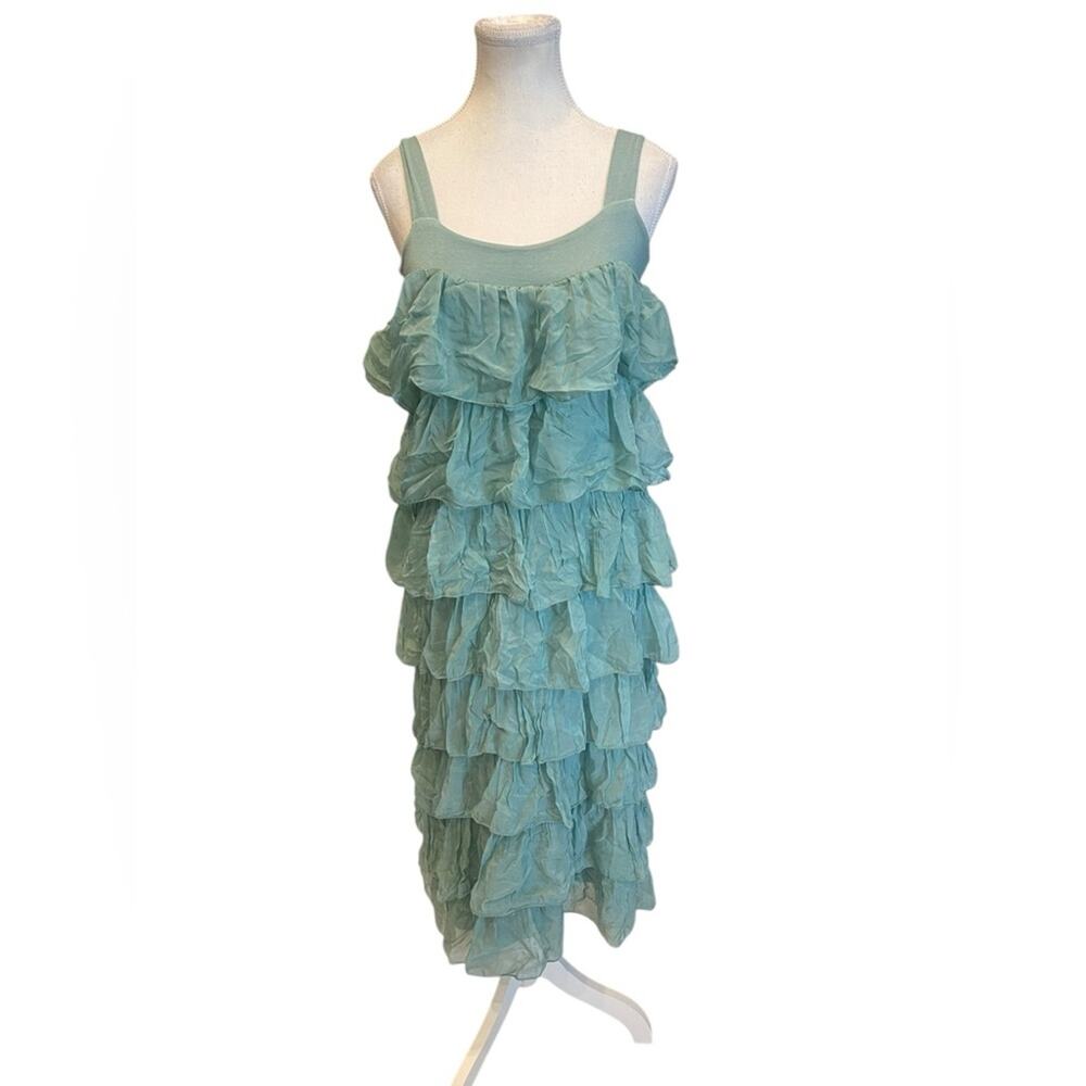 LAMB Green Silk Slip Layered Ruffle Long Summer Sleeveless Dress Sz:M